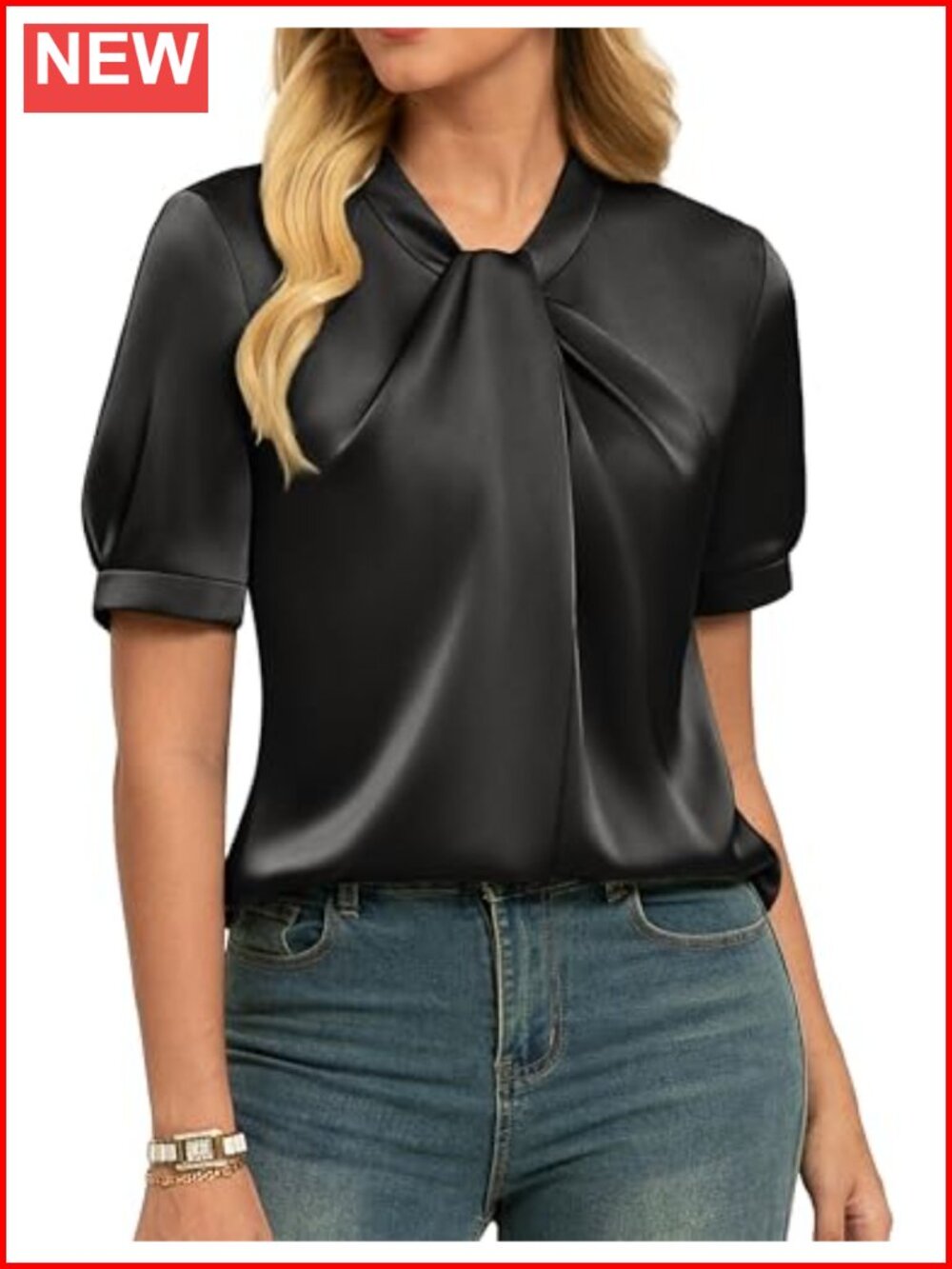 Women's Satin Mock Neck Short Sleeve Blouse Dressy Work Shirt